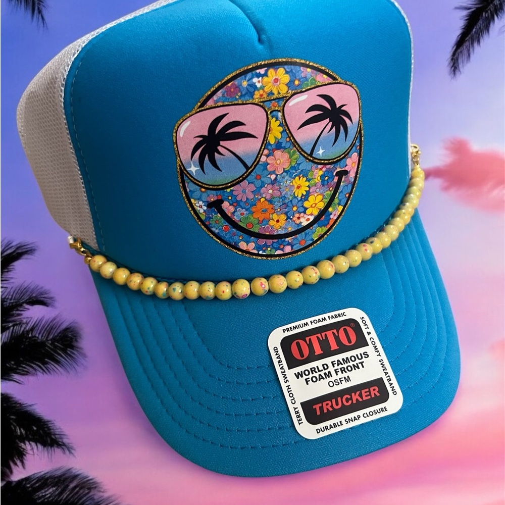 OTTO Blue and White Trucker Hat with Floral Smiley Design